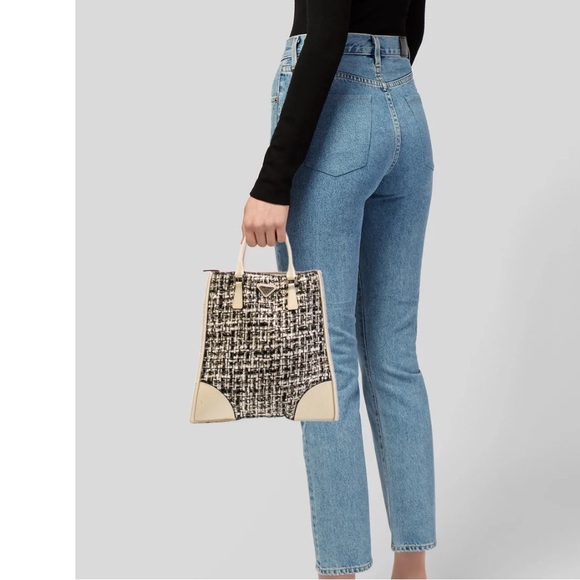 Prada Enameled Metal Tweed Triangle Top Handle Bag - Picture 1 of 13